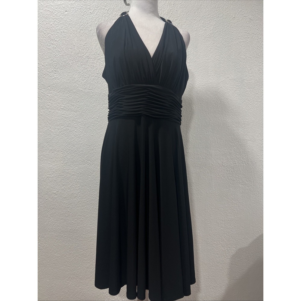 Evan Picone Halter Y2K Dress Ruched Waist Jersey sz 12 Flayered Swing